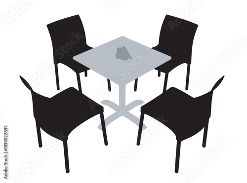 Set of chairs and table silhouette for restaurants and cafes. Simple interior objects for eating. Vector illustration. Isometric view