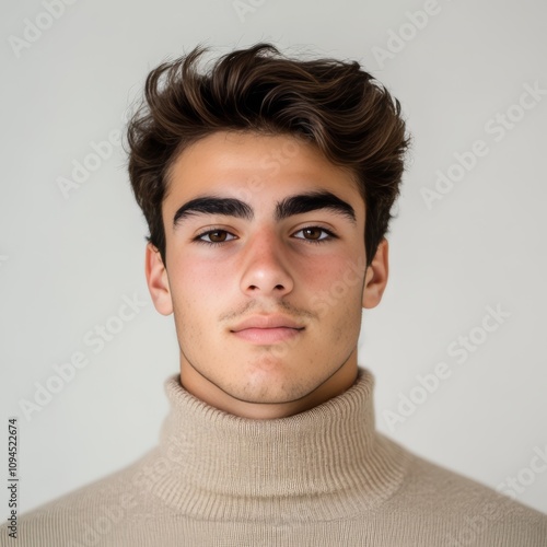 Stylish young man in a beige turtleneck, ideal for avatar or business portrait use, passport photo, model test