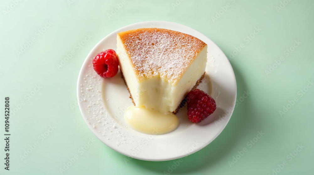 Porción de tarta de queso cremosa con frambuesas frescas y azúcar glass. Porción de tarta de queso cremosa con frambuesas frescas y azúcar glass.
