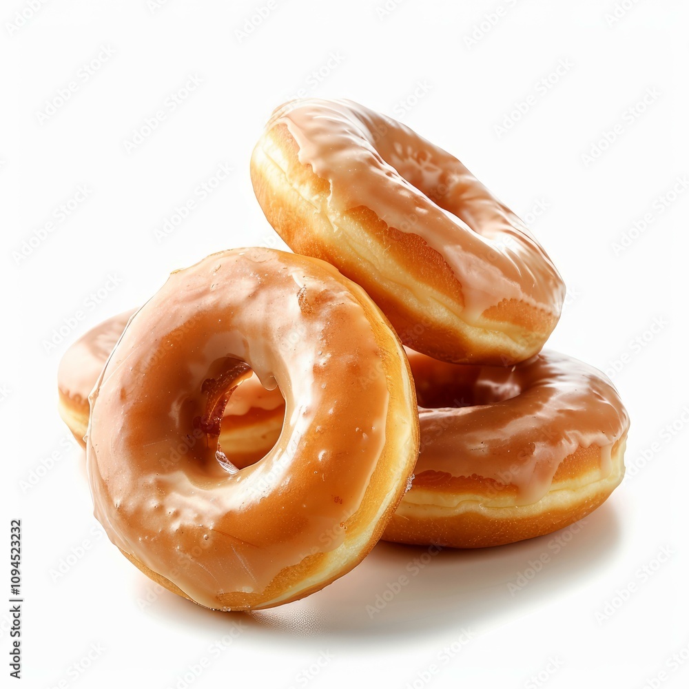 Four delicious caramel glazed donuts stacked on a white background, creating a tempting image of sweet indulgence Four delicious caramel glazed donuts stacked on a white background, creating a tempting image of sweet indulgence