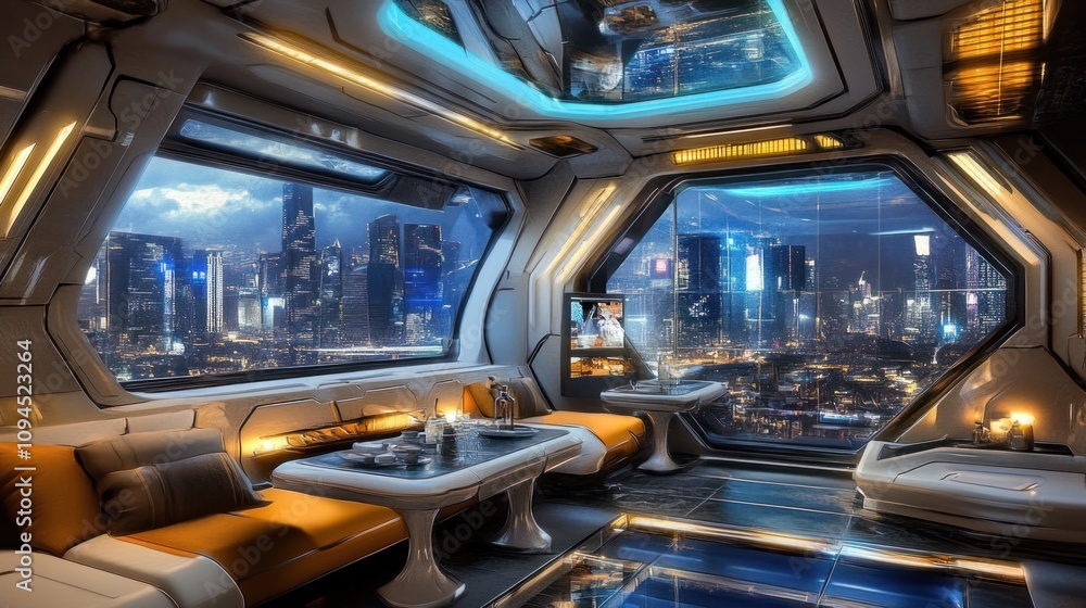A futuristic living space with large windows showcasing a vibrant cityscape. A futuristic living space with large windows showcasing a vibrant cityscape.