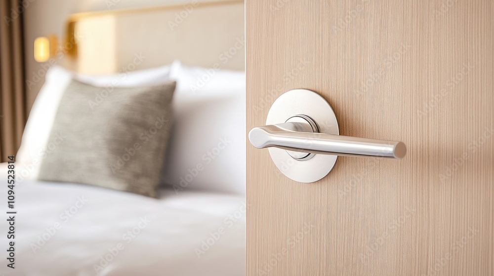 Elegant close-up of modern door handle in stylish bedroom interior design showcasing comfort and sophistication Elegant close-up of modern door handle in stylish bedroom interior design showcasing comfort and sophistication