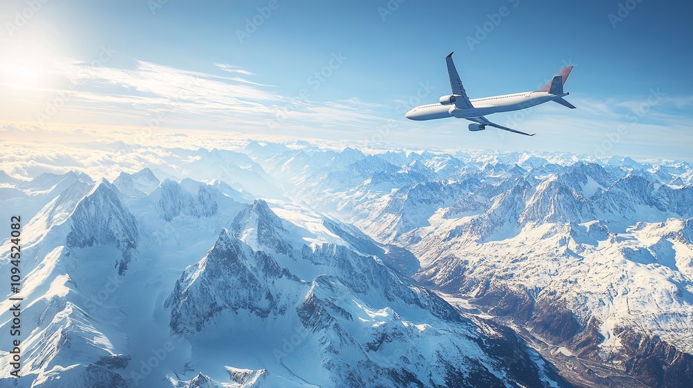 Majestic Flight Over Snow-Capped Mountains - Breathtaking 3D Render of Airplane Soaring with Earth's Curvature in Background Majestic Flight Over Snow-Capped Mountains - Breathtaking 3D Render of Airplane Soaring with Earth's Curvature in Background