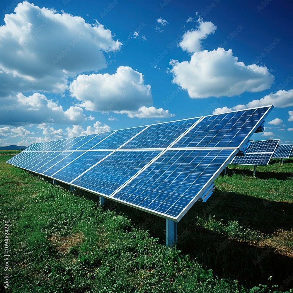 Vibrant solar panels harnessing energy under a blue sky, showcasing renewable technology in a green landscape.