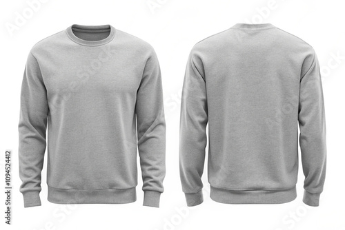 Men's Gray blank sweatshirt template, front and back view, natural shape on invisible mannequin, sweater mockup isolated on white background