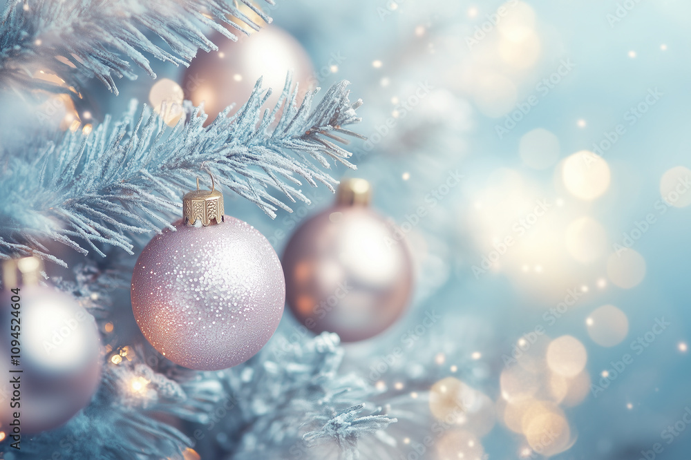 .christmas balls on pine tree branch green leaf blurred bokeh background merry christmas,film style .christmas balls on pine tree branch green leaf blurred bokeh background merry christmas,film style