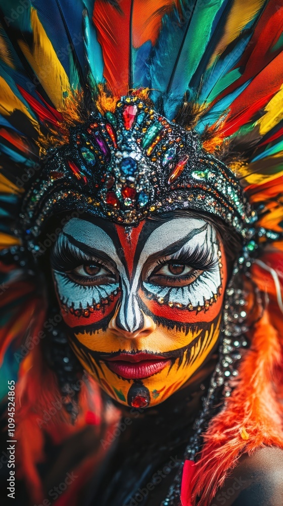A vibrant Brazilian performer showcases elaborate face paint and festive feathers, radiating joy A vibrant Brazilian performer showcases elaborate face paint and festive feathers, radiating joy