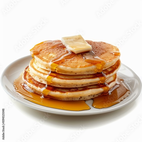 Delicious pancakes stacked high, topped with melting butter and dripping syrup, creating a tempting breakfast treat