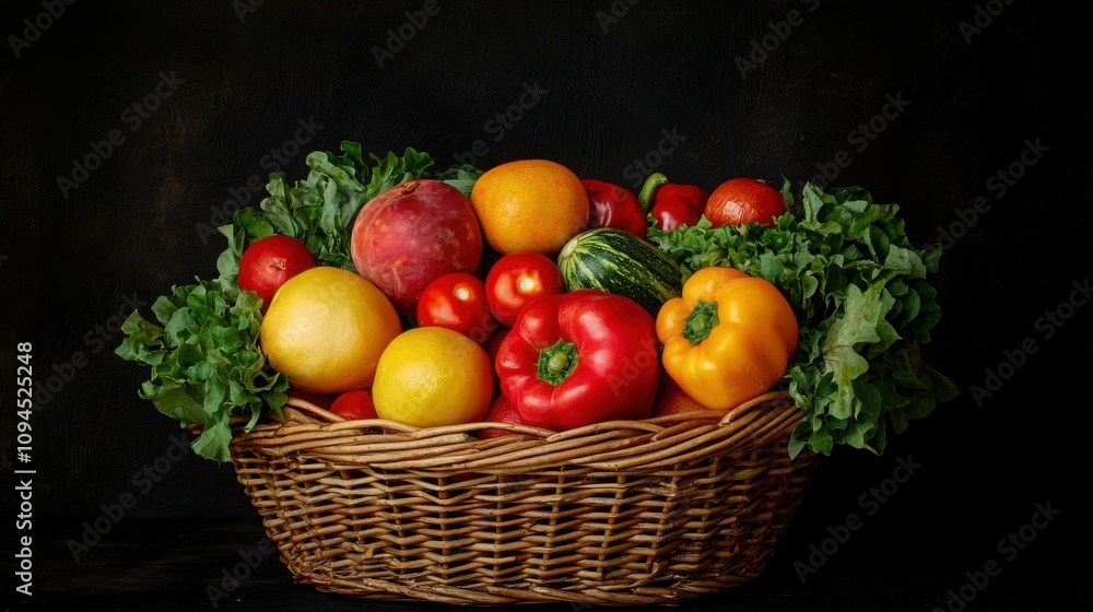Fresh produce basket kitchen still life photography dark background Fresh produce basket kitchen still life photography dark background