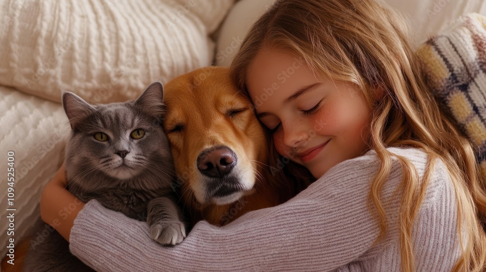Child cuddles with golden retriever and gray feline pet. Child cuddles with golden retriever and gray feline pet.