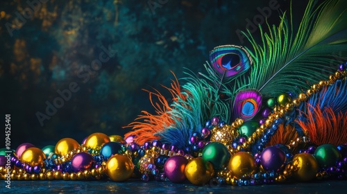 Wallpaper Mural Colorful beads and feathers are artfully arranged on a dark background, showcasing their beauty Torontodigital.ca