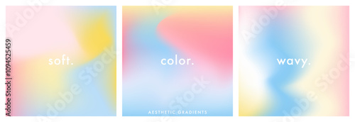 Light blue and pink gradient background. Abstract romantic sky texture. Wave rainbow gradation pattern. Aesthetic multicolor bg. Set of 3 square vector gradient template for poster, ig, social post