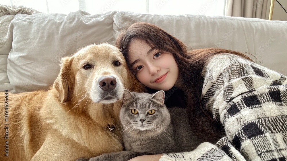Girl smiling with dog and cat on sofa at home. Girl smiling with dog and cat on sofa at home.