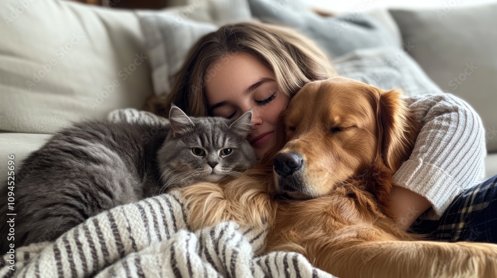 Obraz premium Content girl resting with dog and cat on sofa.