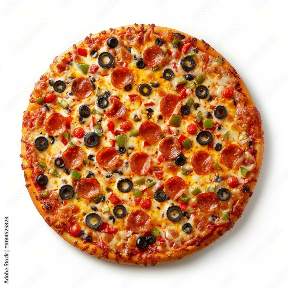 Tasty pizza with pepperoni, black olives, bell peppers and melted cheese, isolated on white background Tasty pizza with pepperoni, black olives, bell peppers and melted cheese, isolated on white background