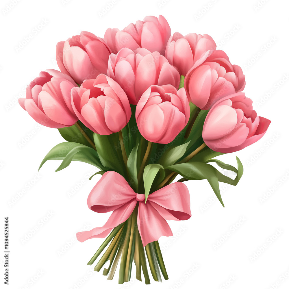 Fototapeta premium bouquet of pink tulips with a bow for Mother's Day or Women's Day png. transparent background isolated
