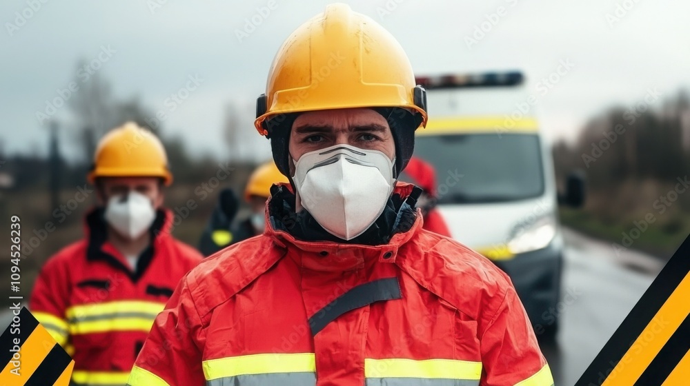 Emergency response team urban area action photo cloudy weather close-up safety awareness Emergency response team urban area action photo cloudy weather close-up safety awareness