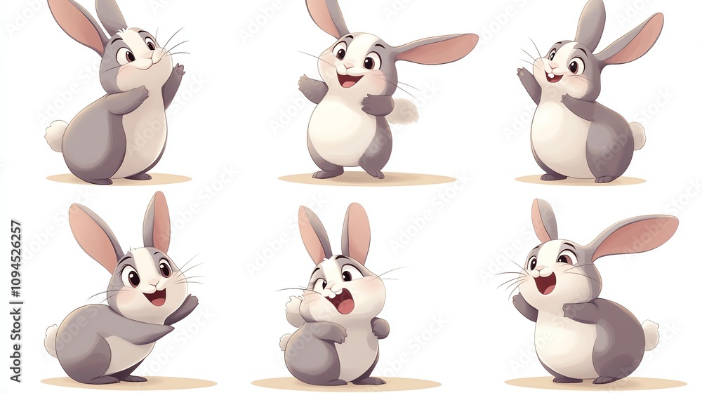 Naklejka premium Six cute cartoon bunnies in different poses, with a white background.