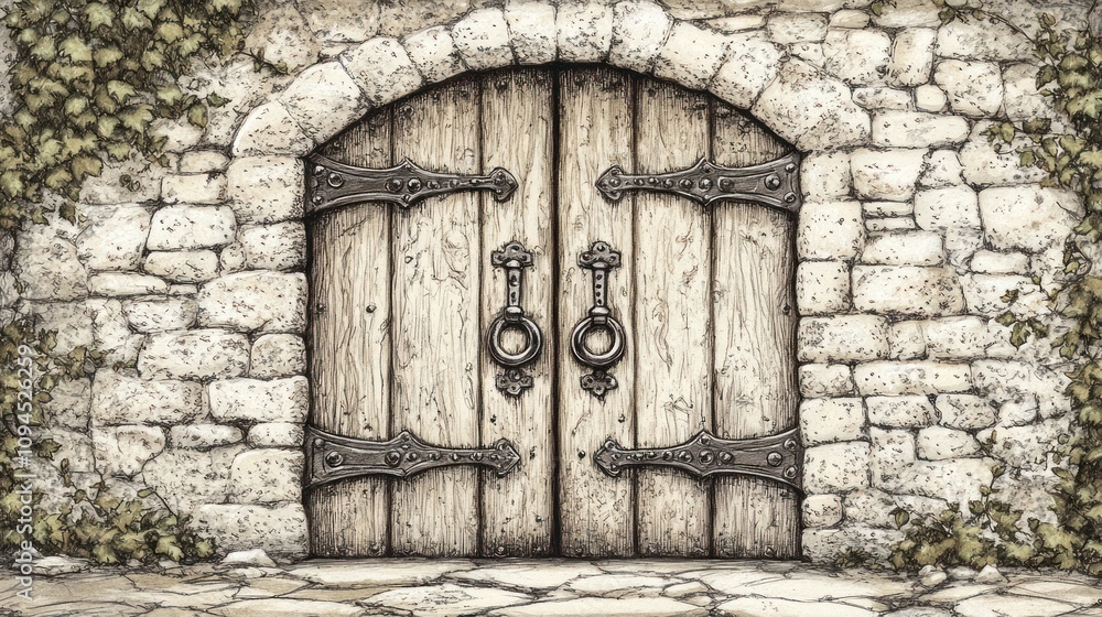 Fototapeta premium A rustic wooden door with metal accents set in a stone wall, surrounded by ivy.