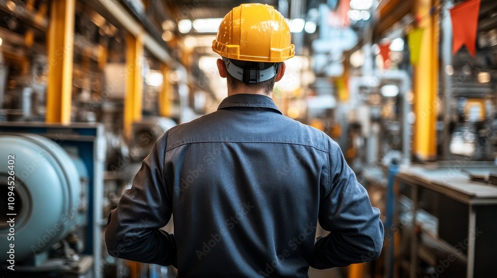 A Worker in a Hard Hat Walks Through a Factory A Worker in a Hard Hat Walks Through a Factory