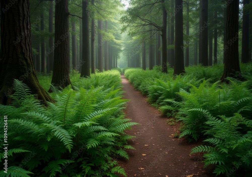 Fototapeta premium Serenity of a winding forest path surrounded by lush ferns in a tranquil woodland setting