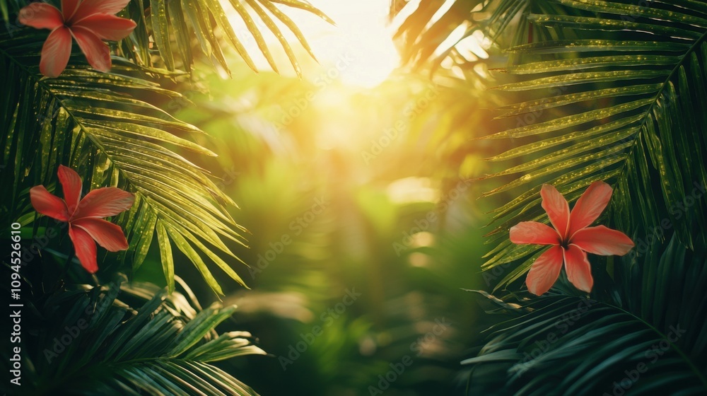 Sunlit tropical scene with flowers lush forest nature photography serenity Sunlit tropical scene with flowers lush forest nature photography serenity