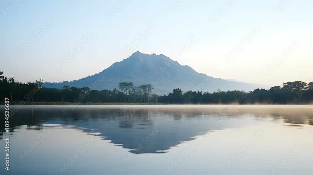 Misty Morning: Mountain Reflection in Calm Lake Waters Misty Morning: Mountain Reflection in Calm Lake Waters