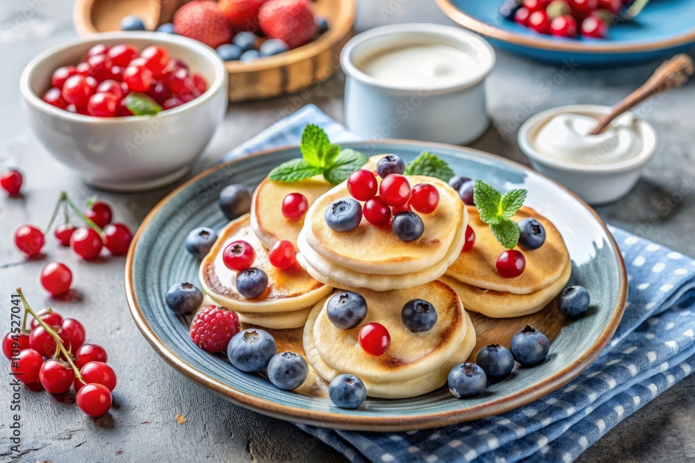 Delicious Homemade Mini Pancakes with Fresh Blueberries, Red Currants, and Creamy Yoghurt Perfect for Breakfast or Brunch Photography Delicious Homemade Mini Pancakes with Fresh Blueberries, Red Currants, and Creamy Yoghurt Perfect for Breakfast or Brunch Photography