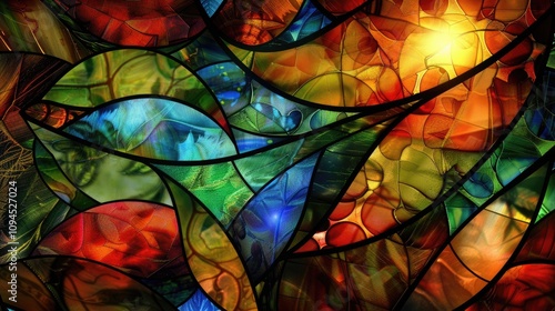 Colorful stained glass window. Computer generated abstract fractal design.