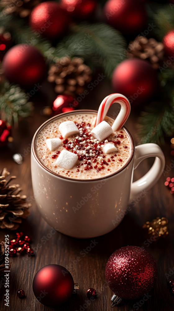A Warm Cup of Cocoa with Marshmallows, Candy Canes and Festive Decorations. A Warm Cup of Cocoa with Marshmallows, Candy Canes and Festive Decorations.