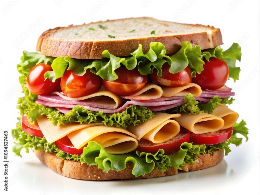 Delicious Sandwich Isolated on White Background - Fresh Ingredients, Perfectly Layered, Ideal for Menu Design and Food Blogs, Highlighting Culinary Creativity and Flavorful Combinations Delicious Sandwich Isolated on White Background - Fresh Ingredients, Perfectly Layered, Ideal for Menu Design and Food Blogs, Highlighting Culinary Creativity and Flavorful Combinations