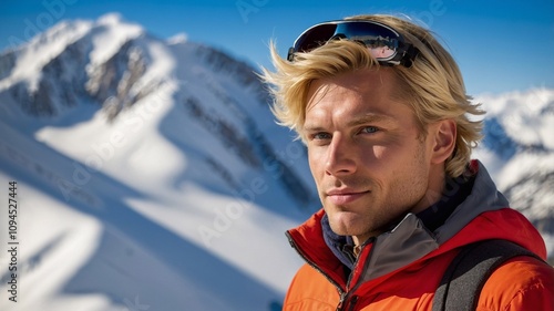 Handsome blond man at ski resort. Man in snowboarding suit riding on skis