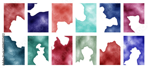 Abstract large poster set background template colorful papercut design style. Multi-layer colorful papercut 3D topographic pattern textures large set. Abstract paper cut relief imitation for template 