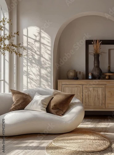 spacious living room with a large window and a couch
