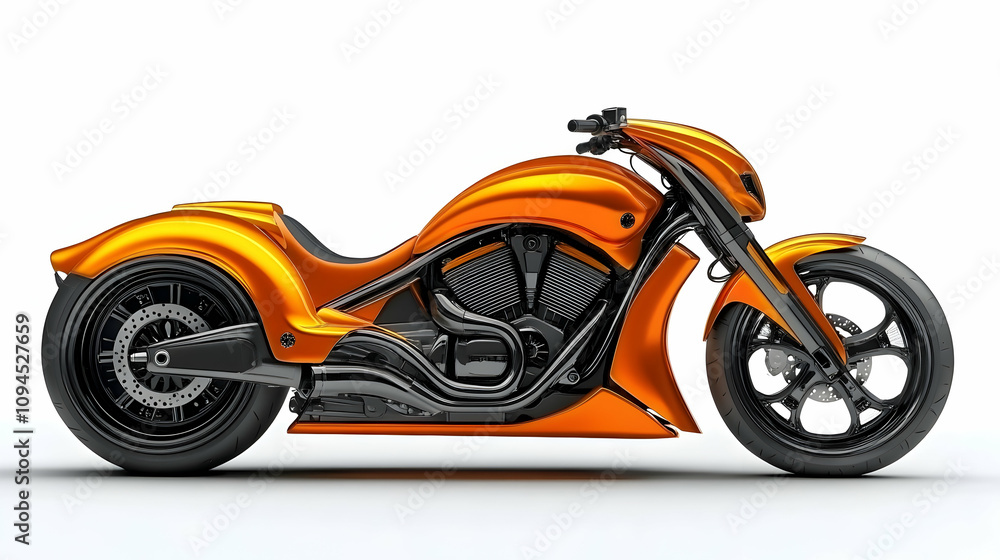 3D Render of a Sleek Orange Custom Motorcycle with Black Accents, Detailed Engine and Powerful Design. 3D Render of a Sleek Orange Custom Motorcycle with Black Accents, Detailed Engine and Powerful Design.