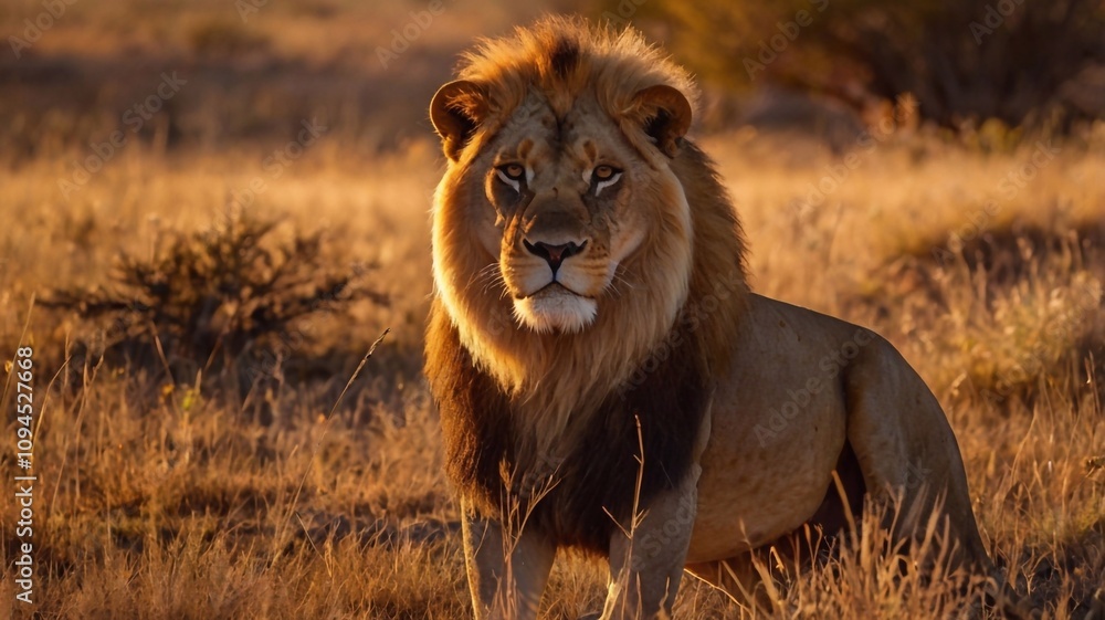 A lion at sunset in the savanna, with a pride A lion at sunset in the savanna, with a pride
