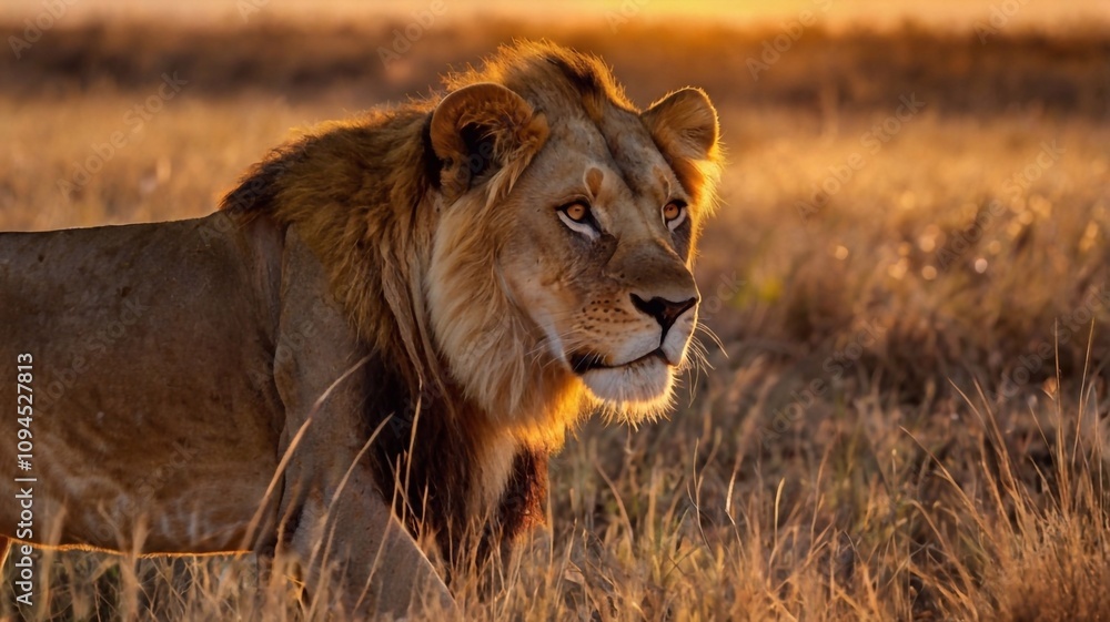 Naklejka premium A lion at sunset in the savanna, with a pride