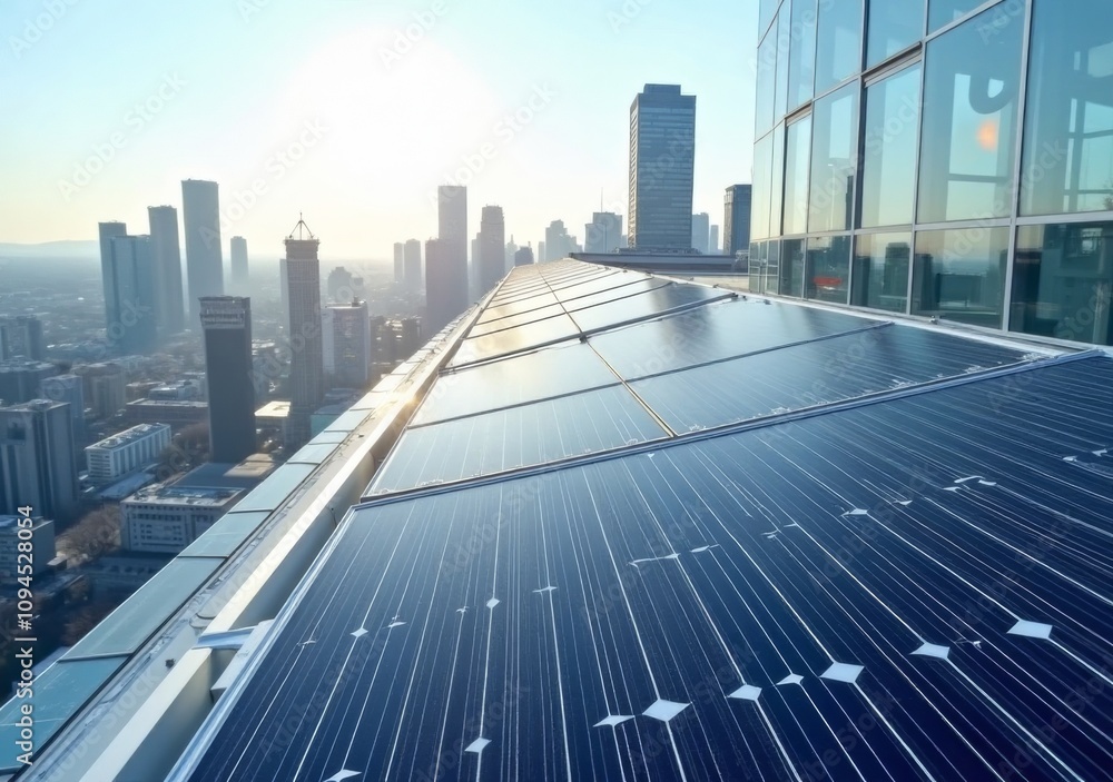 Modern city skyline with solar panels reflecting sunlight during sunset Modern city skyline with solar panels reflecting sunlight during sunset