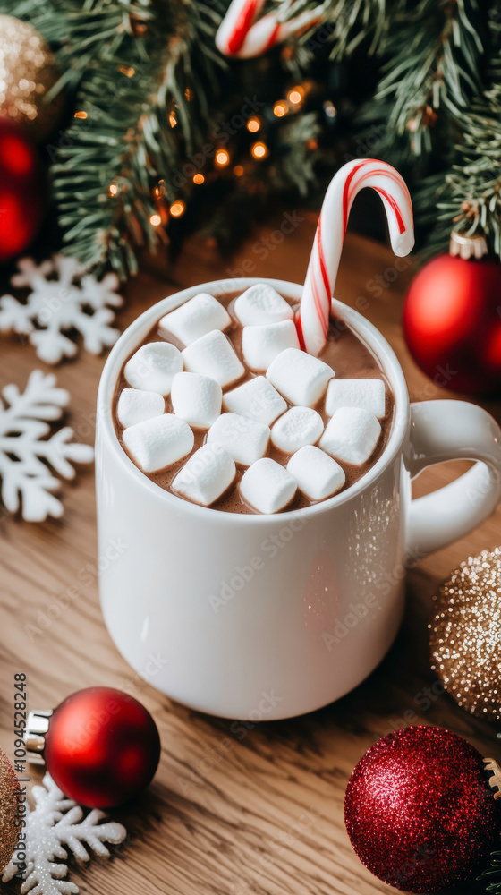 A cup of Cocoa with Marshmallows and Candy Canes Surrounded by Holliday Decorations. A cup of Cocoa with Marshmallows and Candy Canes Surrounded by Holliday Decorations.