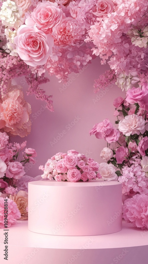 A pink floral arrangement is displayed on a white pedestal. The flowers are arranged in a way that creates a sense of movement and flow A pink floral arrangement is displayed on a white pedestal. The flowers are arranged in a way that creates a sense of movement and flow
