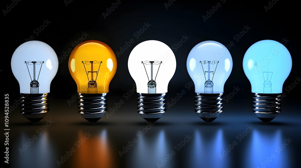 3D Render of Five Illuminated Light Bulbs Showing Different Color Temperatures, on Dark Background 3D Render of Five Illuminated Light Bulbs Showing Different Color Temperatures, on Dark Background