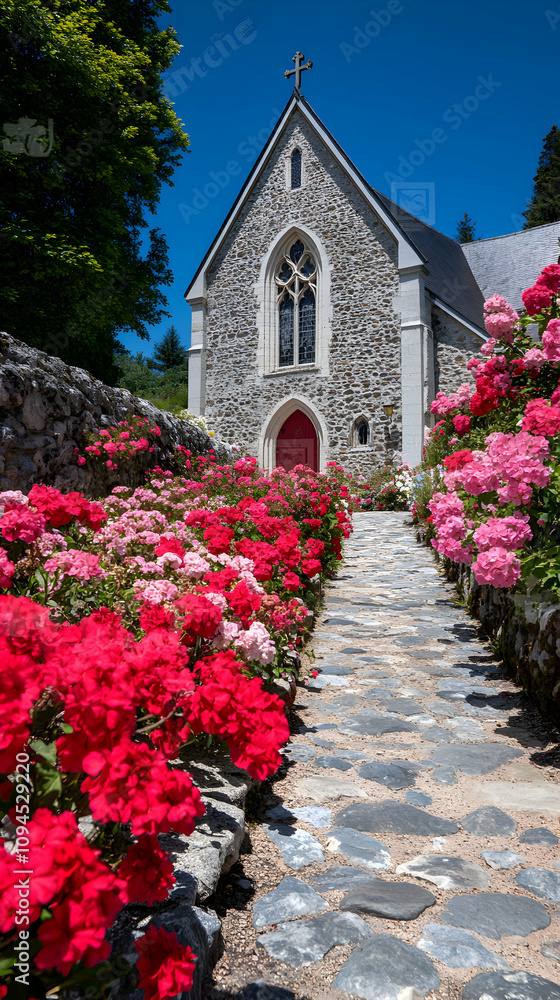 Naklejka premium Stone Church Path Adorned with Vibrant Pink and Red Flowers on a Sunny Day