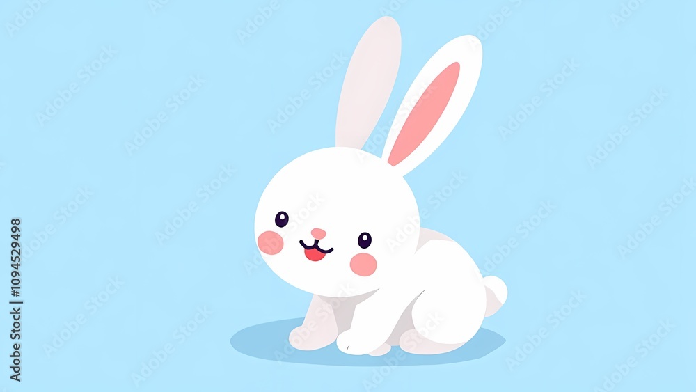 Fototapeta premium An adorable white bunny with a smile on a blue background, ideal for children's illustrations and decor.