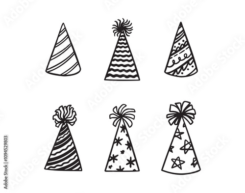 Festive party hats hand drawn doodle funny set. Party hats drawing outline elements set.
