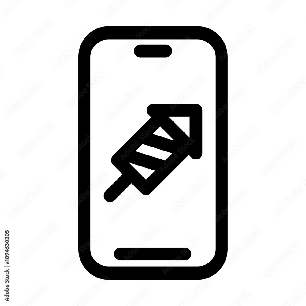New year icon symbol- smartphone reminder with a rocket firework icon New year icon symbol- smartphone reminder with a rocket firework icon