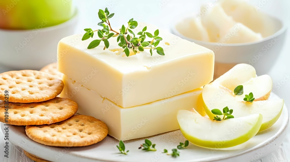 Delicious cheese with herbs, crackers, and fresh apple slices on a white plate. Delicious cheese with herbs, crackers, and fresh apple slices on a white plate.
