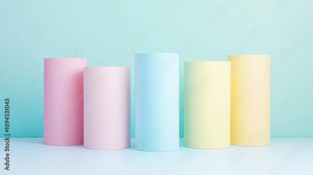 Cylinders podiums of pastel colours, clean blue background. Aesthetic product template. Generative AI Cylinders podiums of pastel colours, clean blue background. Aesthetic product template. Generative AI