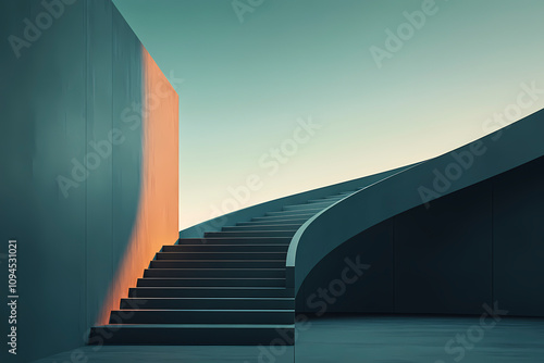 An image that captures elegant curved stairs leading to a soft pastel gradient  creating a serene and soothing atmosphere within a modern architectural environment.