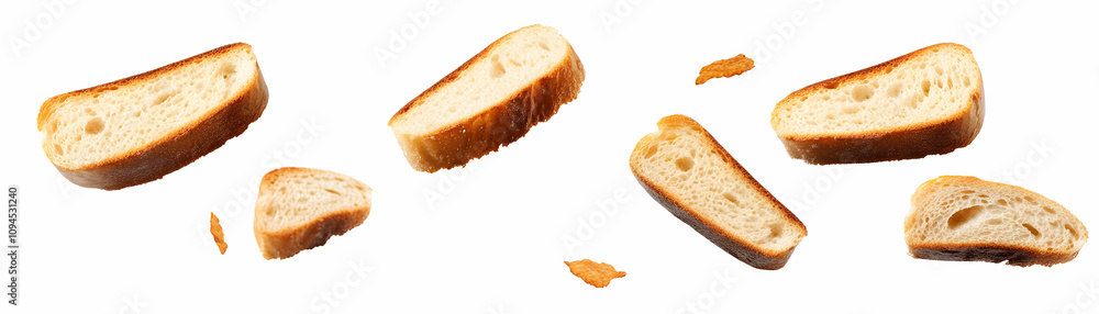 Crispy Toasted Bread Slices Falling on White Background, Food Photography Crispy Toasted Bread Slices Falling on White Background, Food Photography