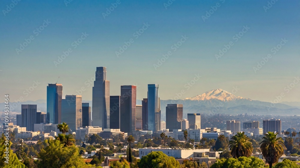 Obraz premium Panoramic Los Angeles Skyline at Golden Hour with Skyscrapers, Palm Trees, and Mountains V4